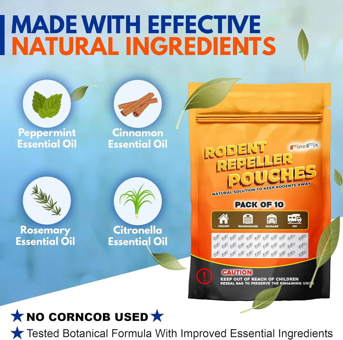 FINEFIX Pack of 10 Mouse Repellent Pouches Prepared with a Modified Botanical Formula Which