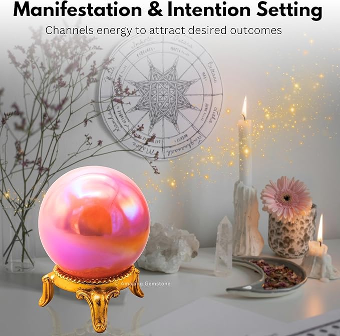 Amazing Gemstone Angel Aura Rose Quartz Crystal Ball with Stand - 2" Inches Crystal Sphere
