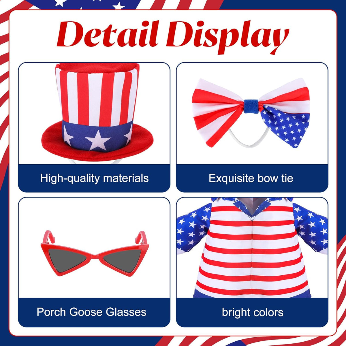 4 Pcs/Set 4th of July Porch Goose Outfit, 23" High Lawn Goose Statue Patriotic Costume Clothing