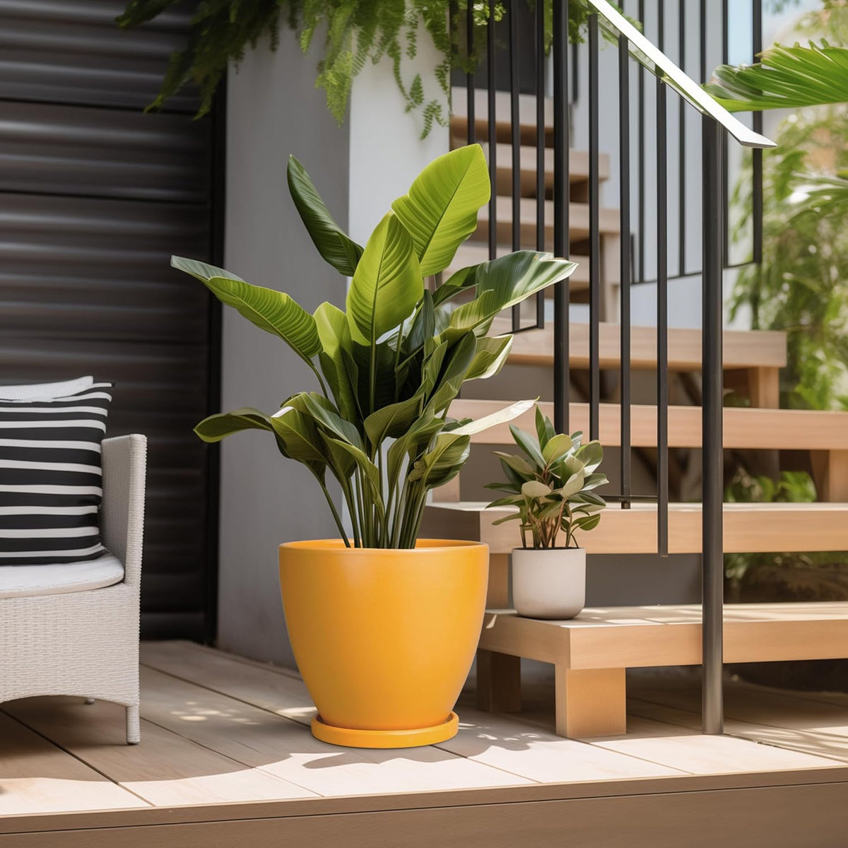 10 Inch Plant Pot - Ceramic Planter with Drainage Hole and Saucer, Modern Flower Pot, Round