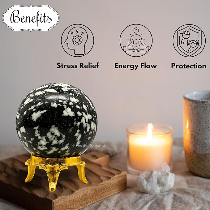 Amazing Gemstone Black and White Tourmaline Crystal Ball with Stand - 2" Inches Crystal Sphere