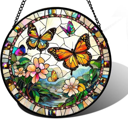 Stained Glass Window Hanging, Butterflies Flying in The Sky Suncatcher for Doors Home Sun Catchers