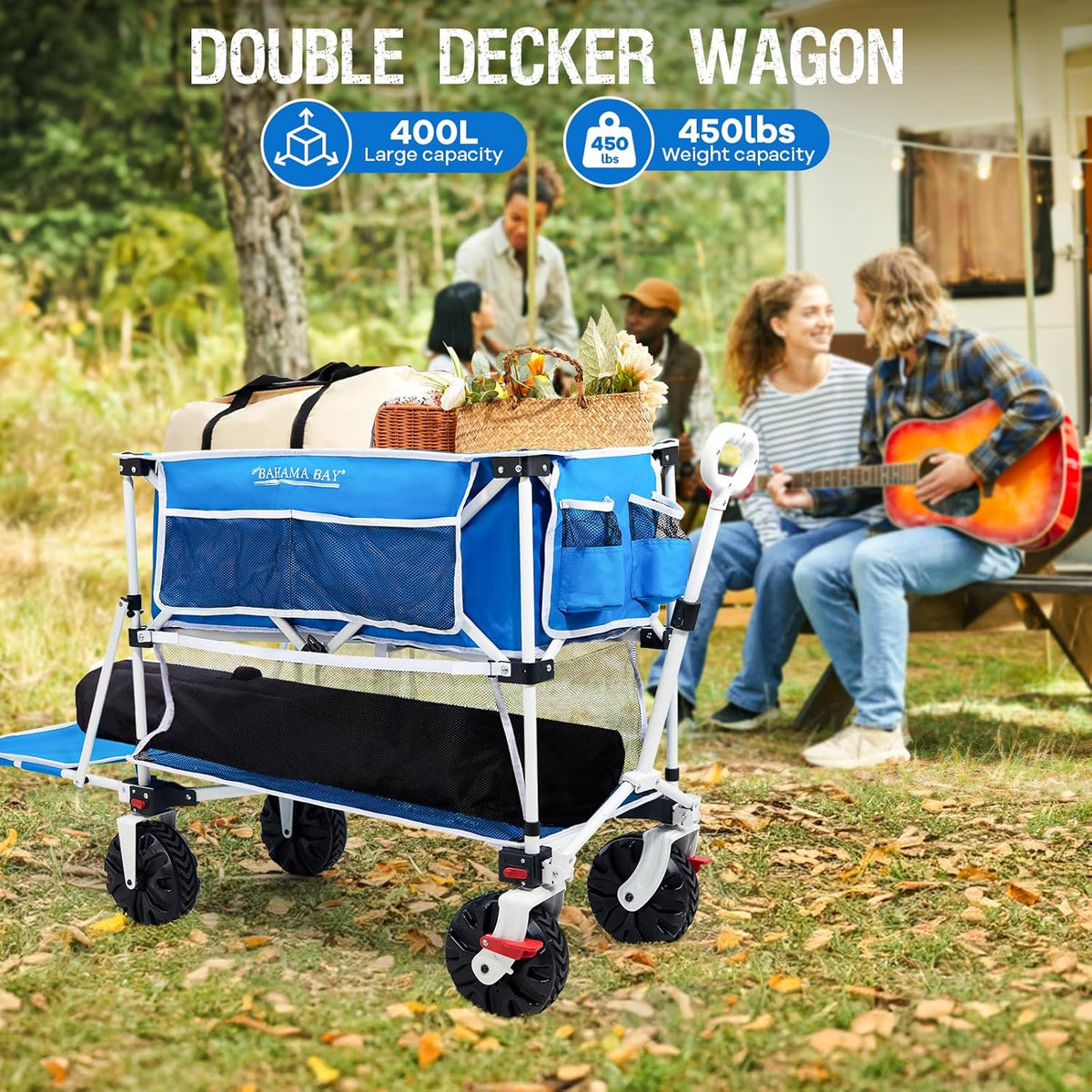 Old Bahama Bay 400L Collapsible Double Decker Beach Wagon with Brakes, Folding Beach Cart with 54"