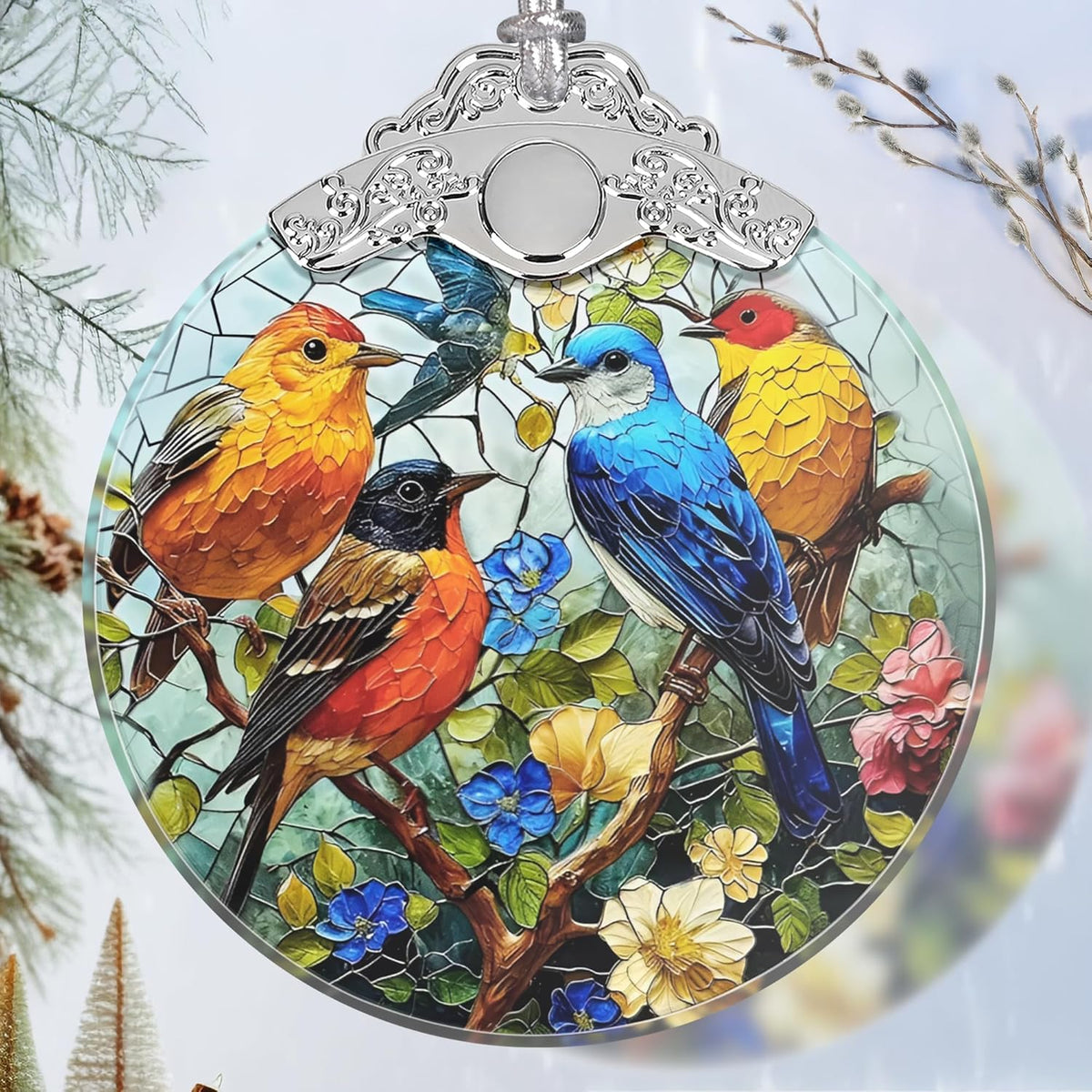 Birds on Branches Stained Glass Orament - Christmas Ornament - Christmas Decorations for Tree