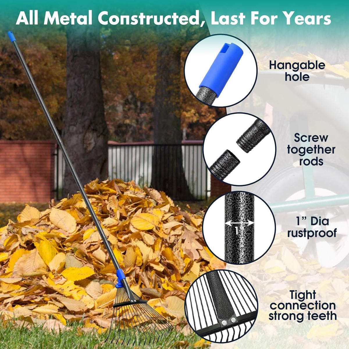 Rake, Leaf Rake with Expandable Head,18 Teeth, Adjustable 53 Inch Long Handle, 17 Inch Wide, Heavy