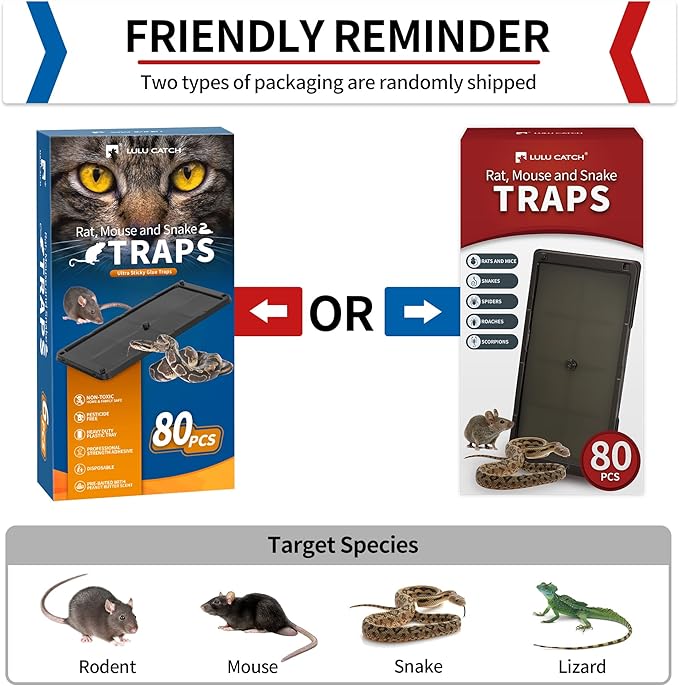 LULUCATCH Sticky Mouse Trap, 80 Pack Large Glue Traps, Pre-Baited Heavy Duty Non-Toxic Bulk Glue