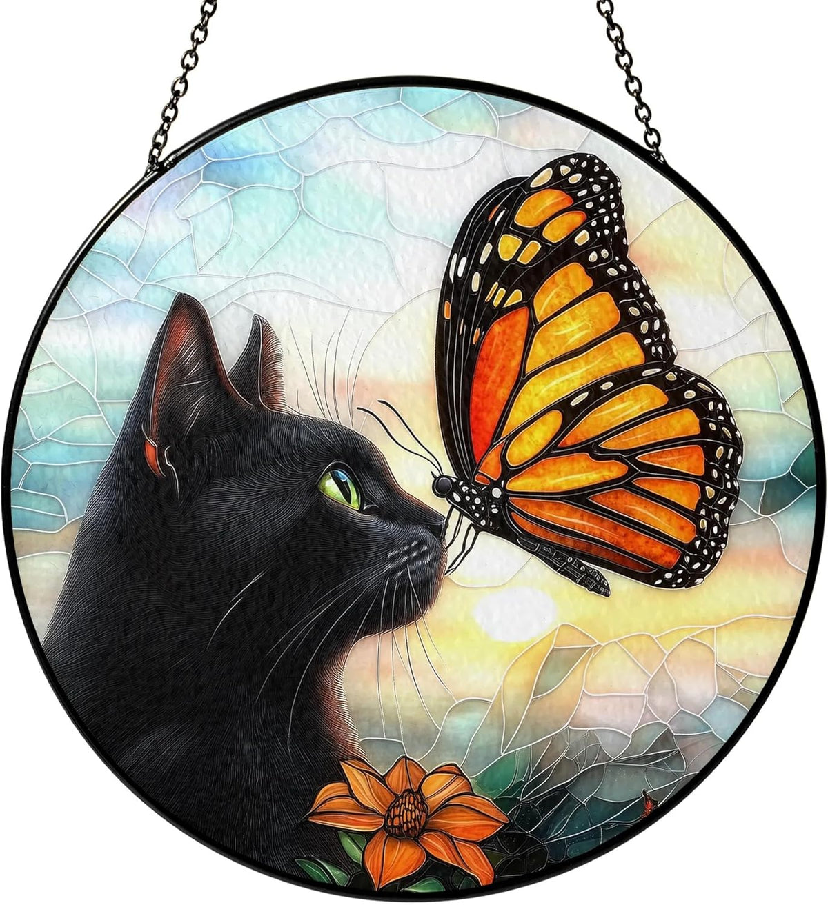 Black Cat Gifts, Cat Memorial Suncatcher Gift for Loss of Cats Butterfly Stained Glass Suncatcher