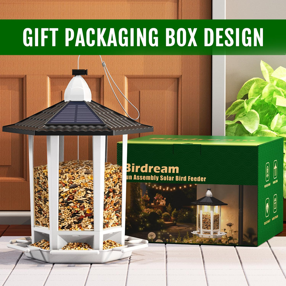 Birdream 2 Pack Solar Bird Feeders for Outdoors Hanging, Assembly Required, 1-Min Easy Setup, Wild
