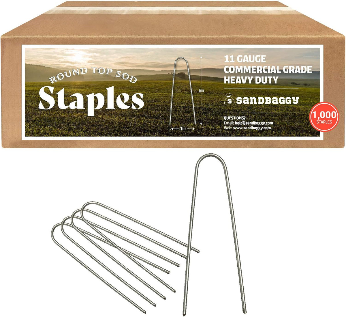 Sandbaggy Round Top 6-Inch Landscape Staples ~ SOD Garden Stakes Square Pin for Ground Cover Fabric