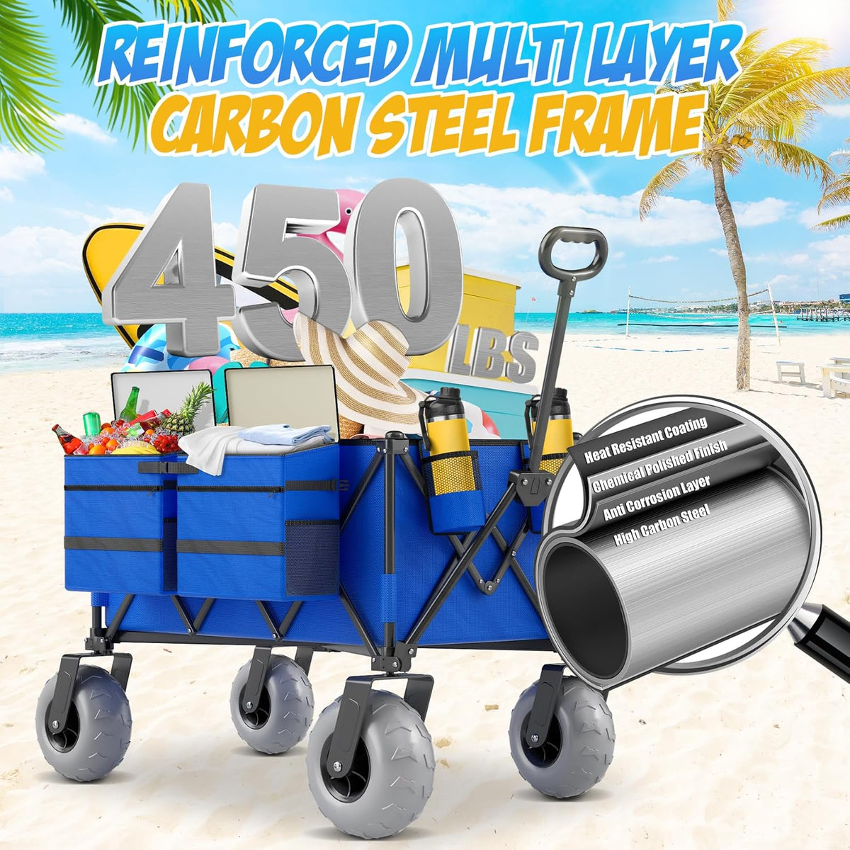 Beach Wagon with Big Wheels for Sand, 450lbs Heavy Duty Folding Wagon, Oversized 200L, 9" PVC