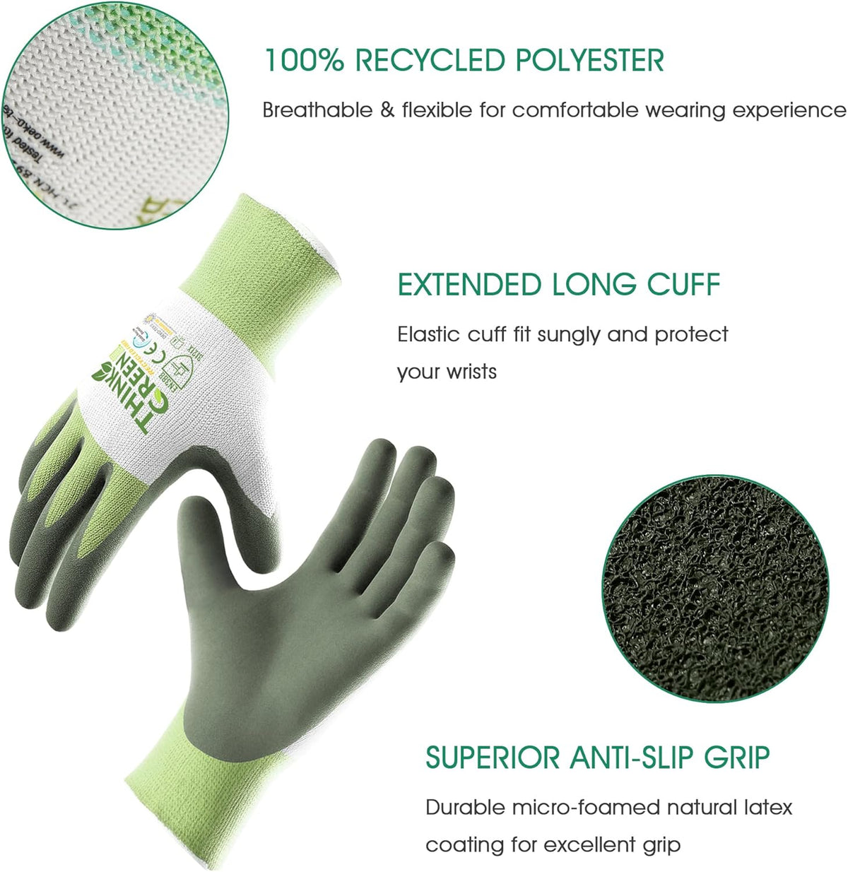 COOLJOB 3 Pairs Gardening Gloves for Women Men, 100% Recycled Polyester with Rubber Coated for