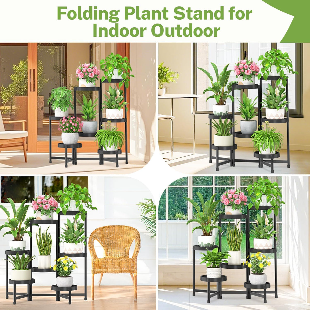 iDavosic.ly 7 Tier Folding Plant Stand Indoor Outdoor with Plastic Tray, Tiered Corner Flower