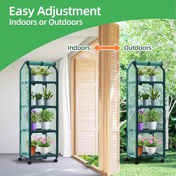 Ohuhu Mini Greenhouse for Indoor Outdoor, Small Plastic Plant Green House with Locking Wheels