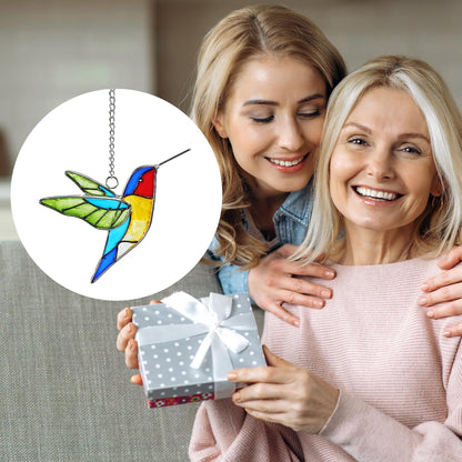 Handmade Stained Glass Hummingbird Hanging Ornament - Colorful 4.3x4.9 Inch Window/Garden Decor for
