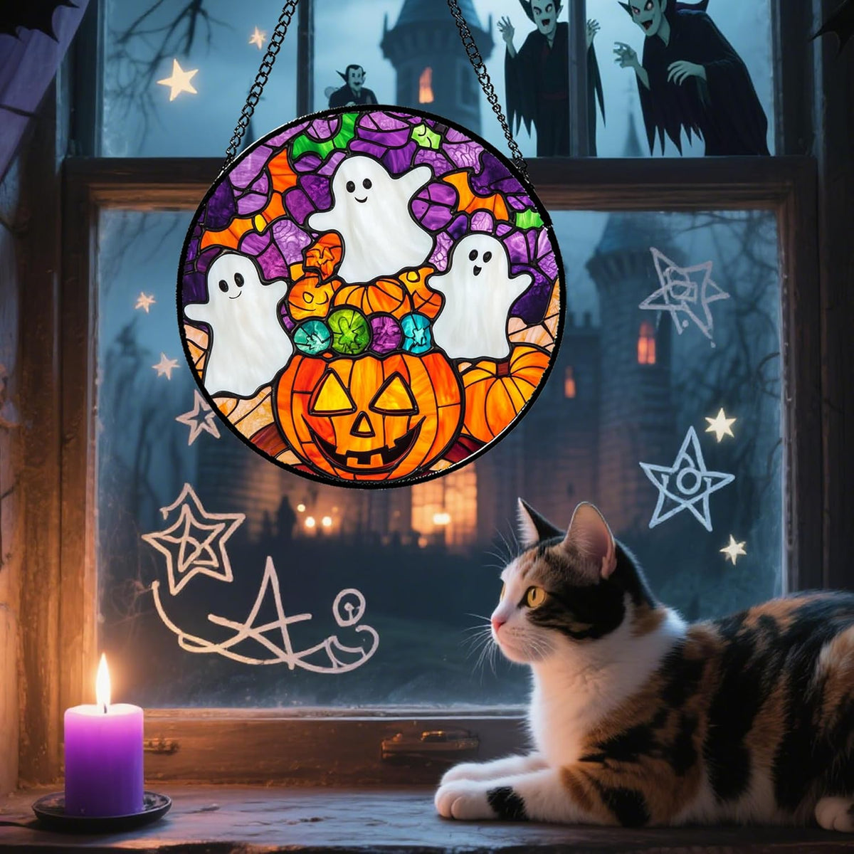 Stained Glass Window Hanging Halloween Horror Pumpkin White Ghost 7.8" - Suncatcher Door Garden
