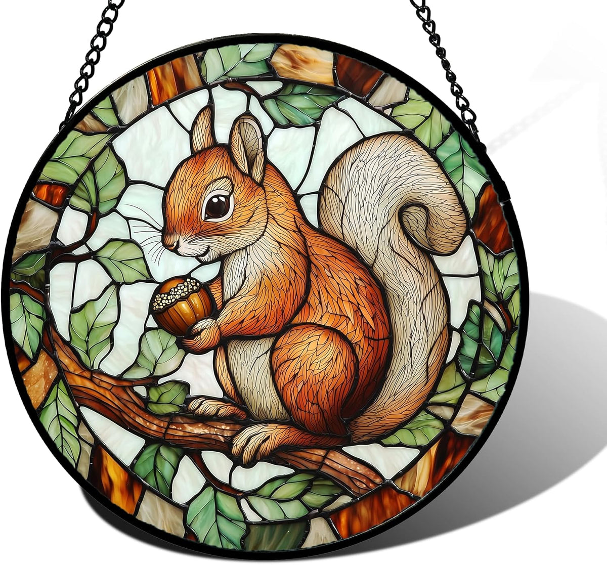 Stained Glass Window Hanging, Squirrel on a Branch Suncatcher Diamond Glass Panel Animal Sun
