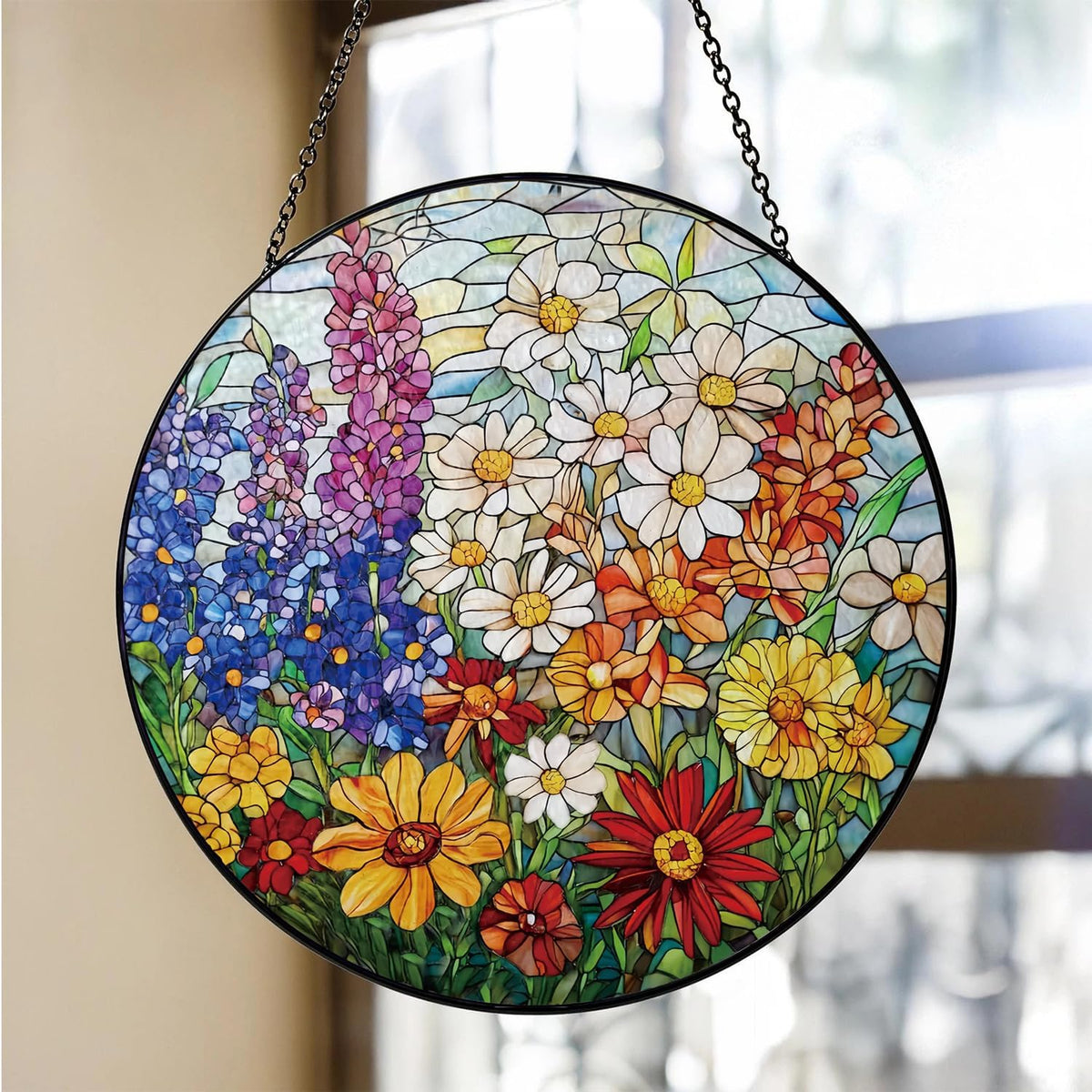 Colorful Wildflowers Suncatcher -7.9 in Stained Glass Window Hanging Sun Catcher Garden Decor