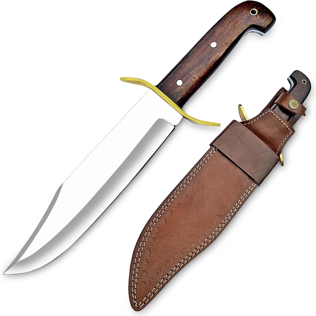Large Bowie Knife with Leather Sheath Fixed Blade Hunting Knife D2 Steel with Leather for Outdoor