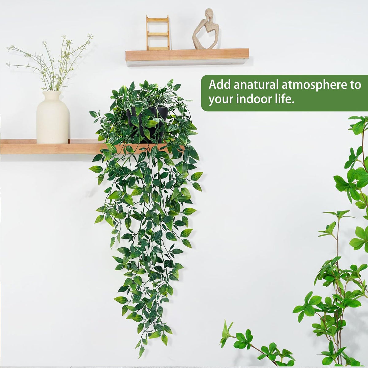 Waipfaru 2Pcs Fake Hanging Plants with Pot Deep Green Eucalyptus Leaves UV Resistant Fake Vines Ivy