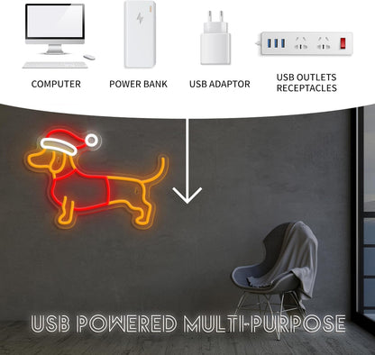 Dimmable Dachshund Neon Sign - Cute Dog with Christmas Hat - Led Light Sign for Home, Bedroom