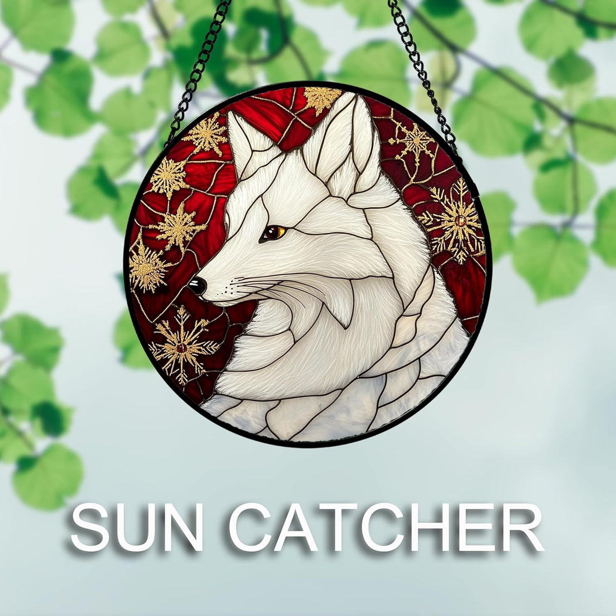 Stained Glass Window Hanging 4 Pcs Set Red Golden Snowflakes 6.3" - Christmas Elk Rabbit Suncatcher
