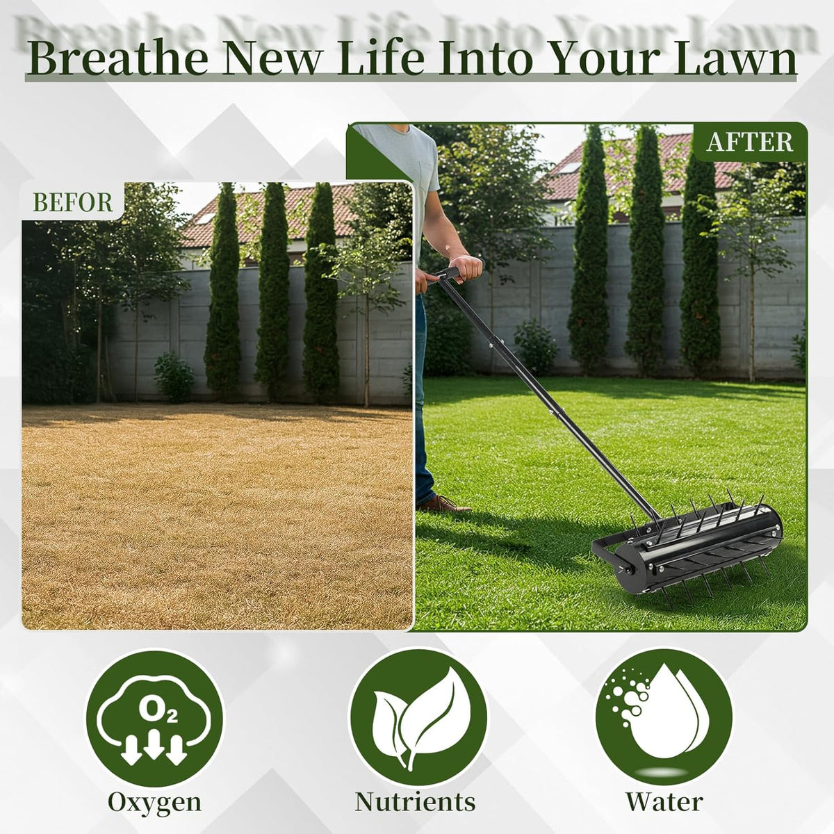 VINGLI Rolling Lawn Aerator with T-Shaped Handle, 17 inch Manual Aerator Tool, Lawn Aerator Spike