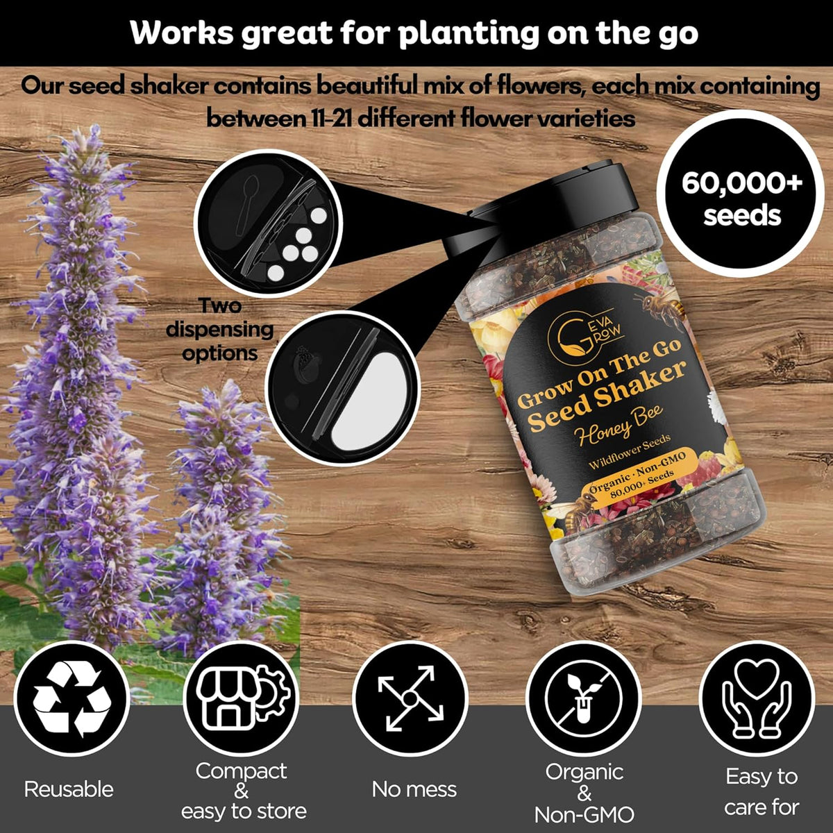 Mini Wildflower Seed Shaker – Honey Bee Wildflower Mix, by GevaGrow | Bulk 90,000+ Seeds |