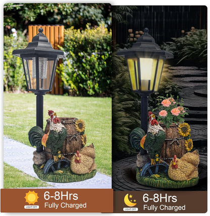 Rooster Statues Outdoor Solar Sculptures with Solar Lights and Flowerpot Funny Garden Decor Animal