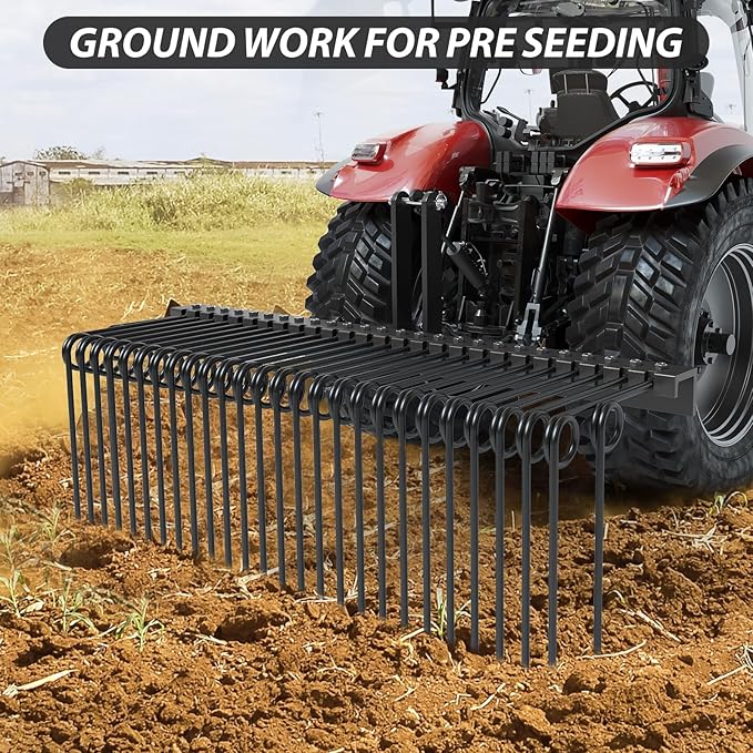 60" Durable Powder Coated Steel Pine Straw Rake, Steel Spring Landscape Rake for Leaves, Pine