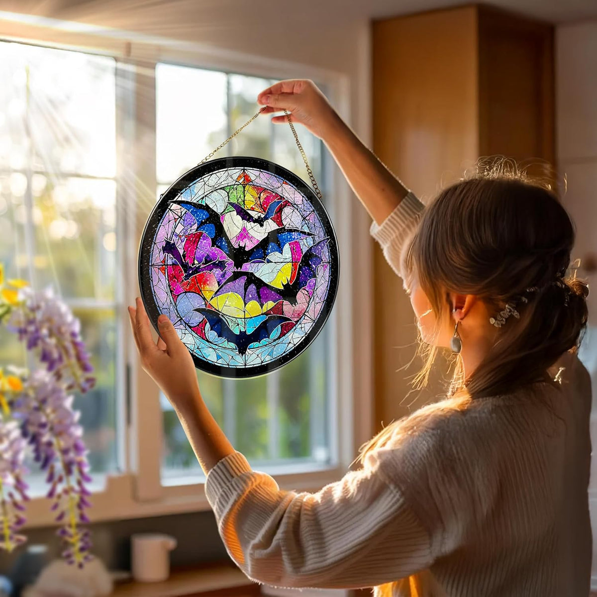8 Inch Stained Glass Suncatcher Ornament, DOUHASU Bat Sun Catchers Indoor Window, Stained Glass