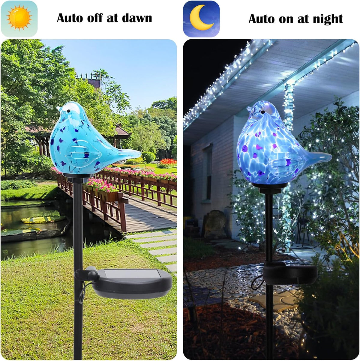 Afirst Decorative Solar Lights Outdoor Solar Bluebird Stake Lights Hand Blown Glass Decorative