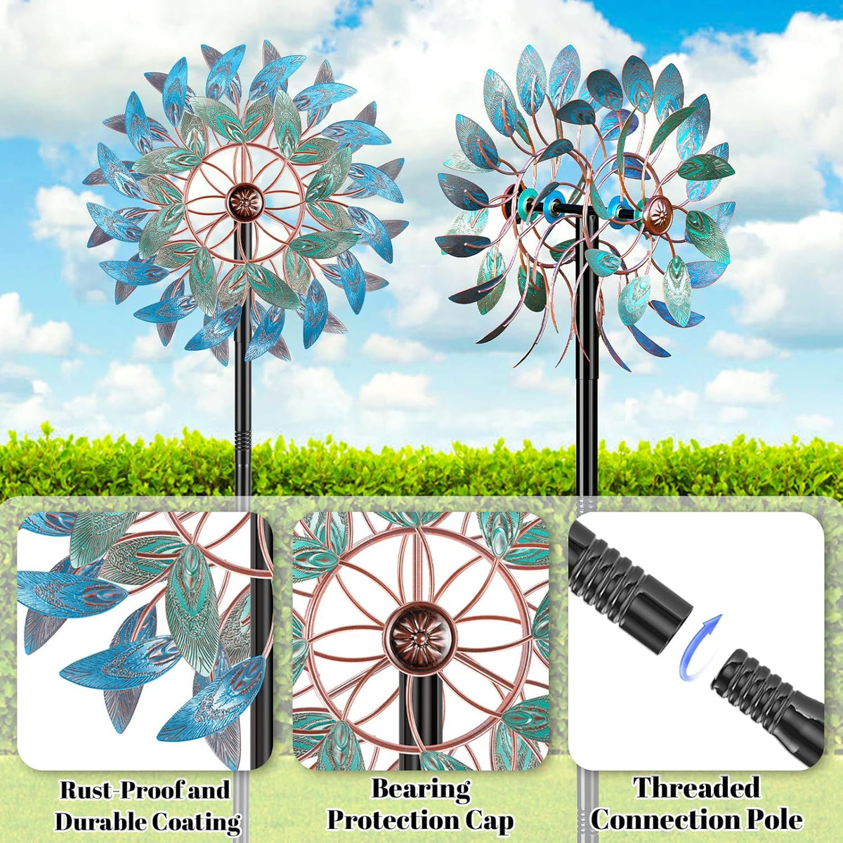 66 Inch Metal Outdoor Wind Spinner, 2-Way Wind Sculpture Spinner with Metal Stake, Waterproof 360