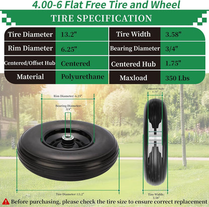 RRQ 4.00-6 Flat Free Tire and Wheel, 13" Solid Wheelbarrow Tire with 1.75" Centered Hub and 3/4"
