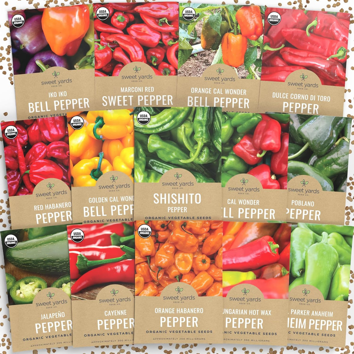 Organic Pepper Seeds (Sweet and Hot) Variety Pack - 14 Individual Packs - 2025 Season - Cayenne