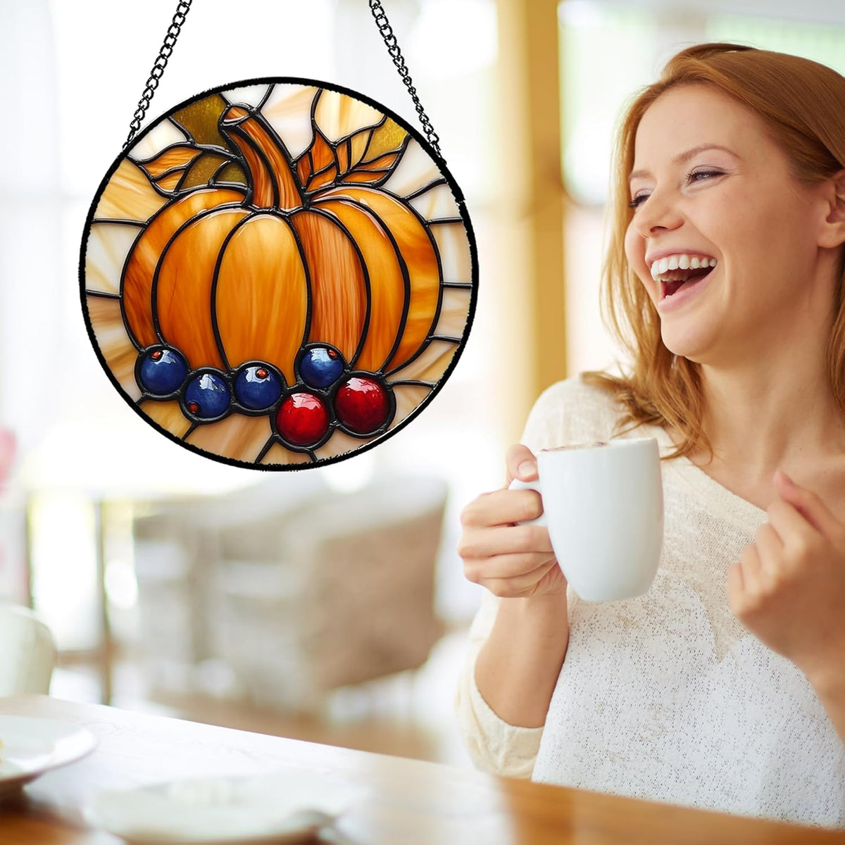 Stained Glass Window Hanging Fall Pumpkin Berries Large 15" - Suncatcher Door Garden Kitchen