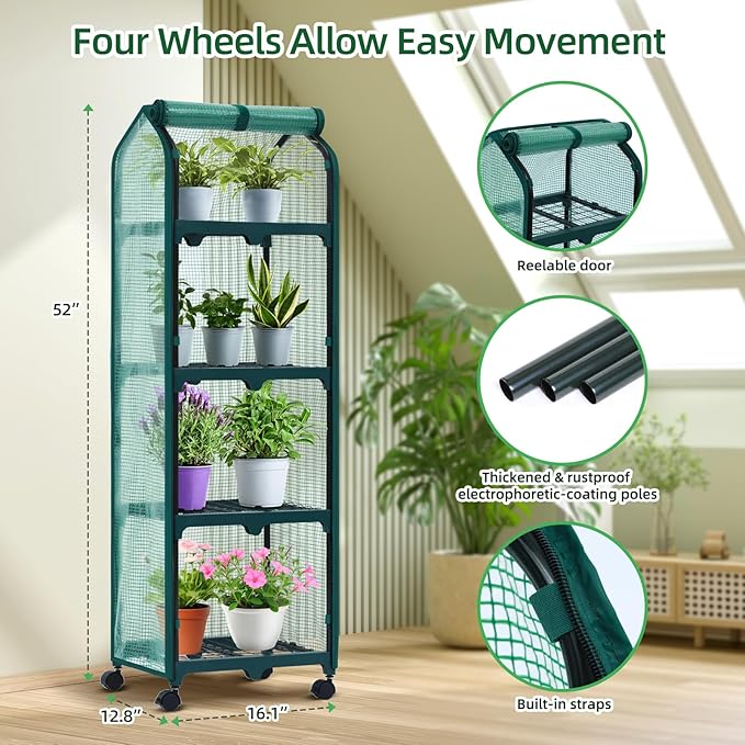 Ohuhu Mini Greenhouse for Indoor Outdoor, Small Plastic Plant Green House with Locking Wheels