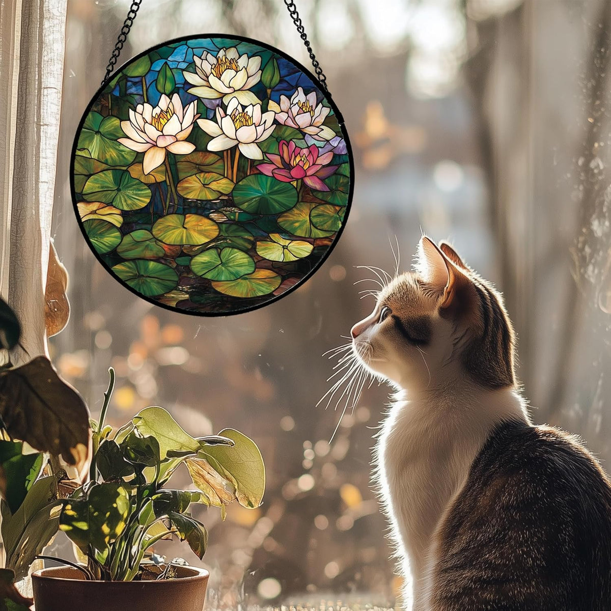 Stained Glass Window Hanging - Water Lily Birth Flower Suncatcher for Door Garden Retro Floral Sun