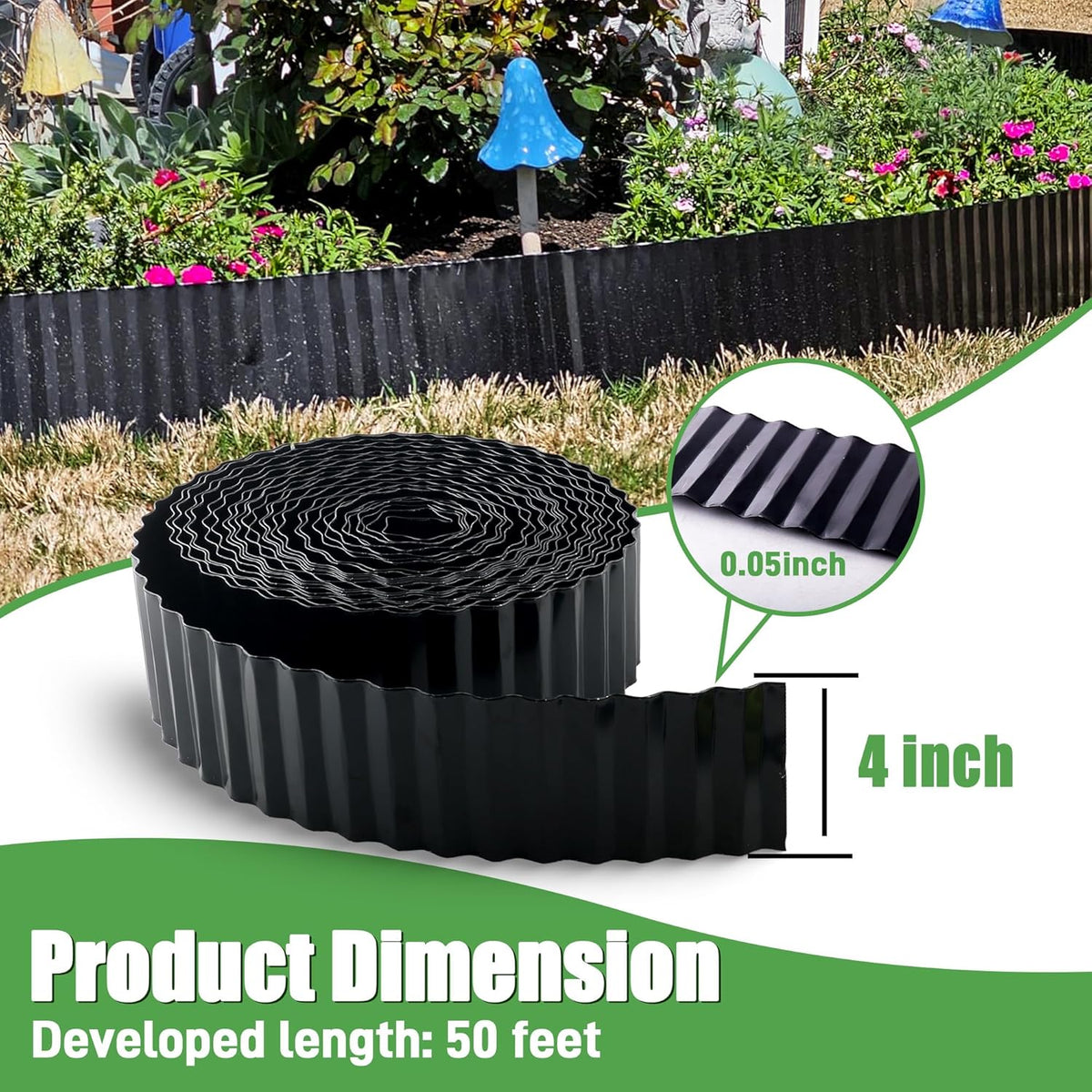 Metal Corrugated Garden Edging, 4" x 50Ft Landscape Edging for DIY Flower Beds, Flexible Bender