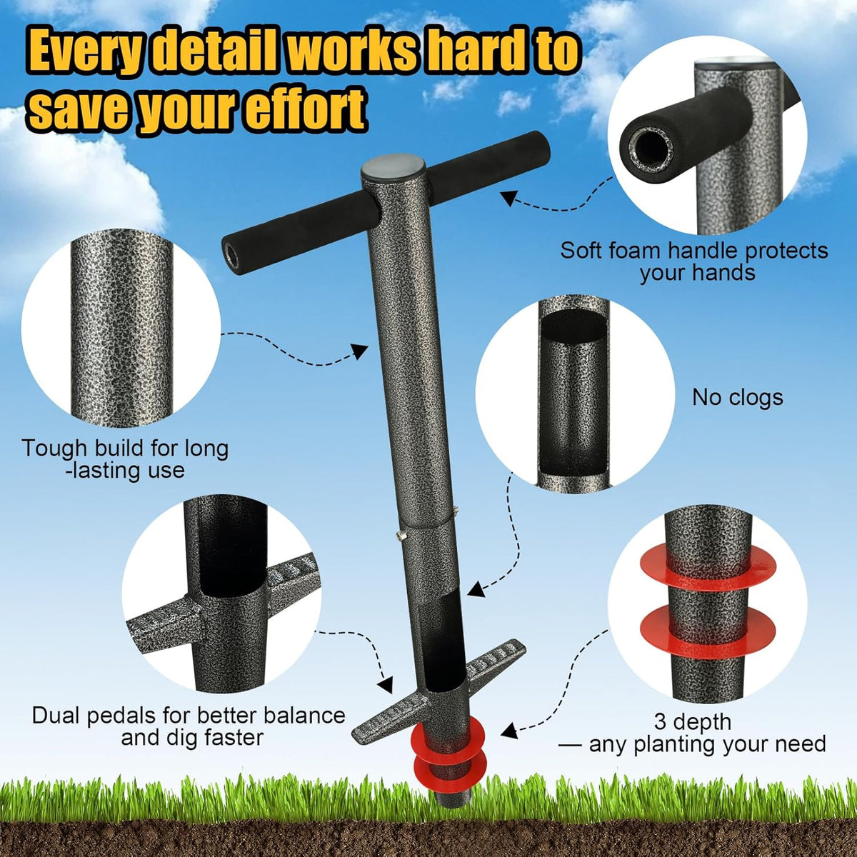 Bulb Planter Tool - 34" Long Handle Sod Plugger Lawn Digger,Auto Plug Eject,Heavy Duty Yard Garden