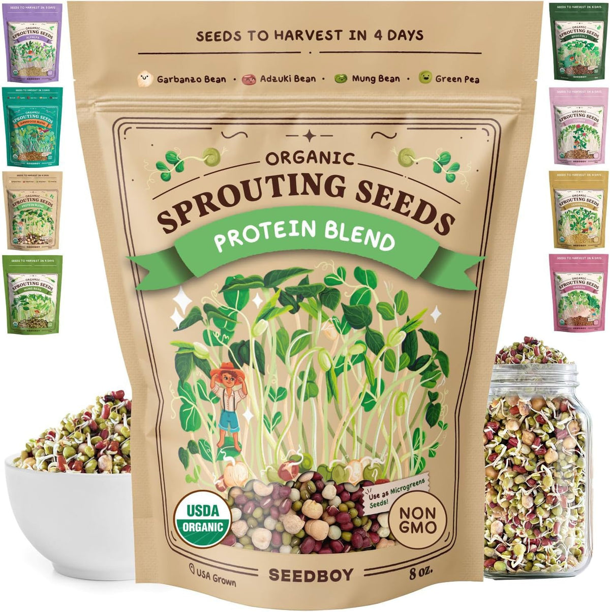 Seedboy Organic Non-GMO Sprouting Seeds, Protein Blend – USA Grown Microgreens Mix with Garbanzo
