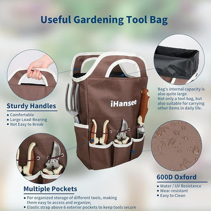 Brown Gardening Tools Set 12-Piece, Garden Hand Tool Kit with Non-Slip Ergonomic Handle, Storage