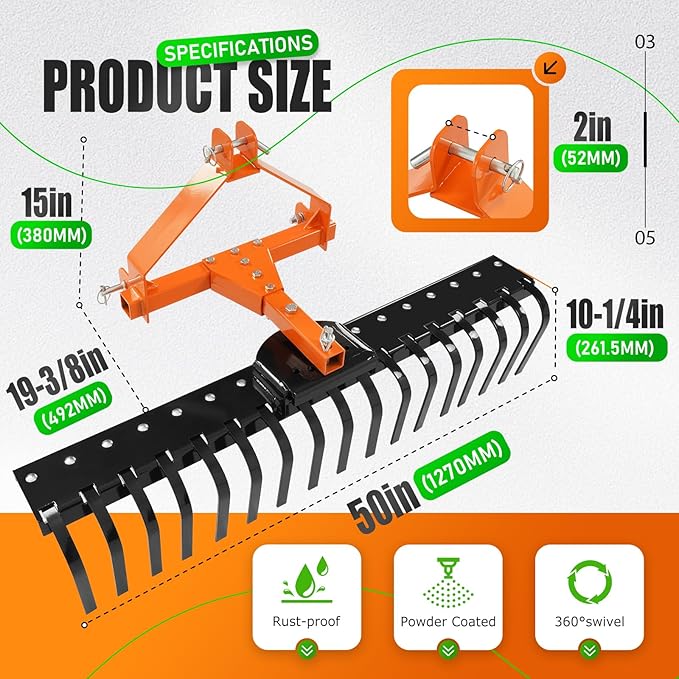KUAFU 50" 3 Point Landscape Rock Rake for Category-0 Cat-0 Tractor with 360° Rotation Replaceable