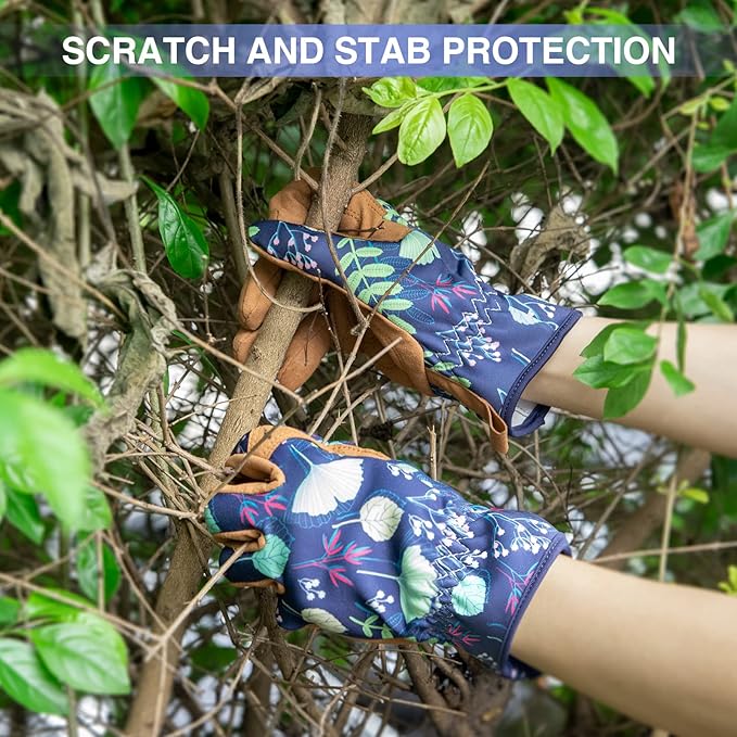 Womens Gardening Weeding Working Gloves, Leather Garden Glove for Women Thorn Proof No Stab for