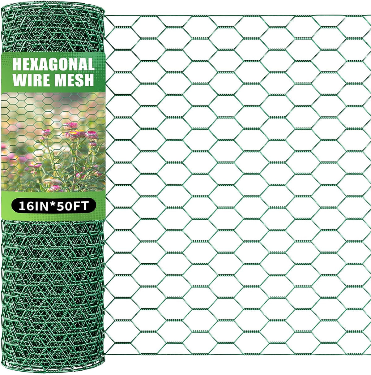 16 x 600 Inches Chicken Wire for Floral Arrangements, Green Chicken Wire, Hexagonal Galvanized Wire