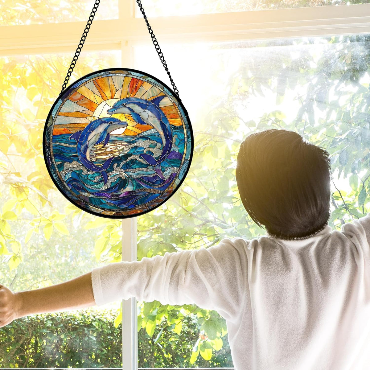 Stained Glass Window Hanging, Blue Dolphin Sun Catchers Colorful Glass Panel Sunrise Sea View