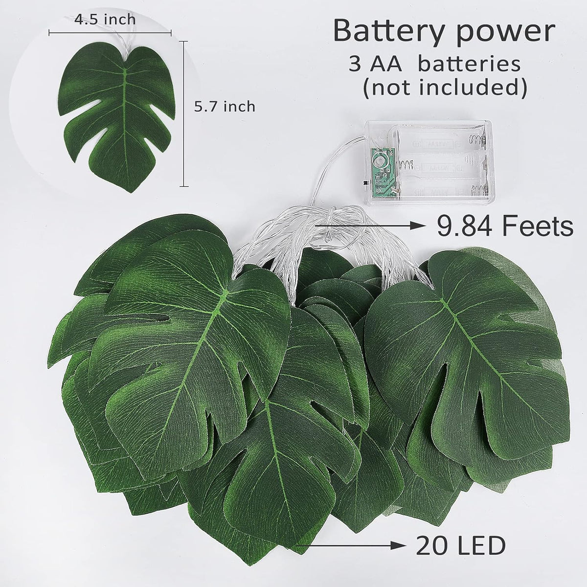RECUTMS 20LED Monstera Leaf String Lights, Tropical Artificial Rattan Palm Leaves Wall Hanging Vine
