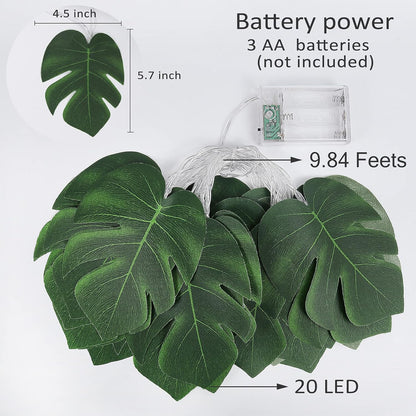 RECUTMS 20LED Monstera Leaf String Lights, Tropical Artificial Rattan Palm Leaves Wall Hanging Vine
