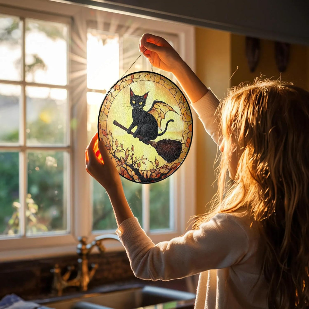 Black Cat Stained Glass Suncatcher, Halloween Cat Witch Window Hanging Decor, Pumpkin Spooky