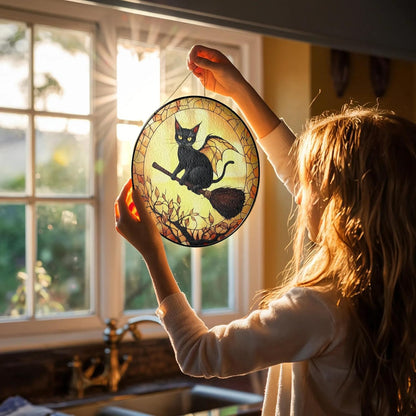 Black Cat Stained Glass Suncatcher, Halloween Cat Witch Window Hanging Decor, Pumpkin Spooky