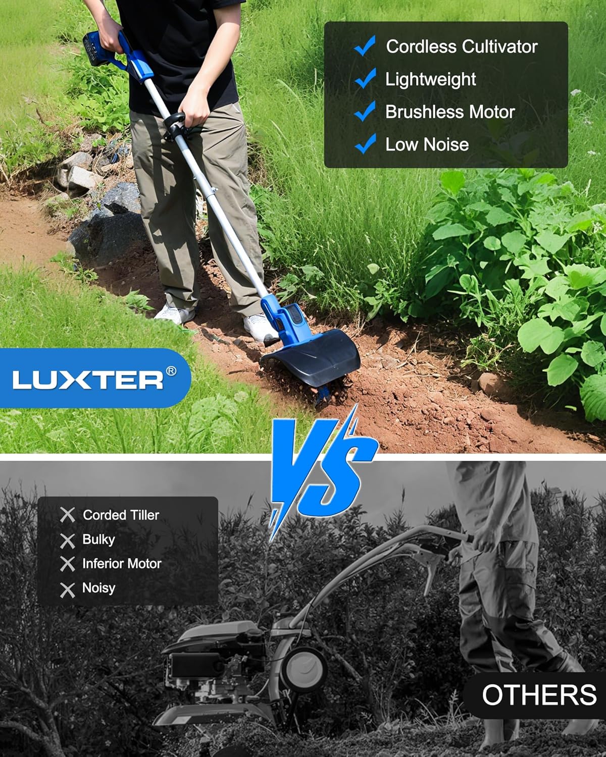 LUXTER 20V Cordless Tiller for Gardening 8.6 Inch Electric Garden Cultivator with 48 Steel Tines